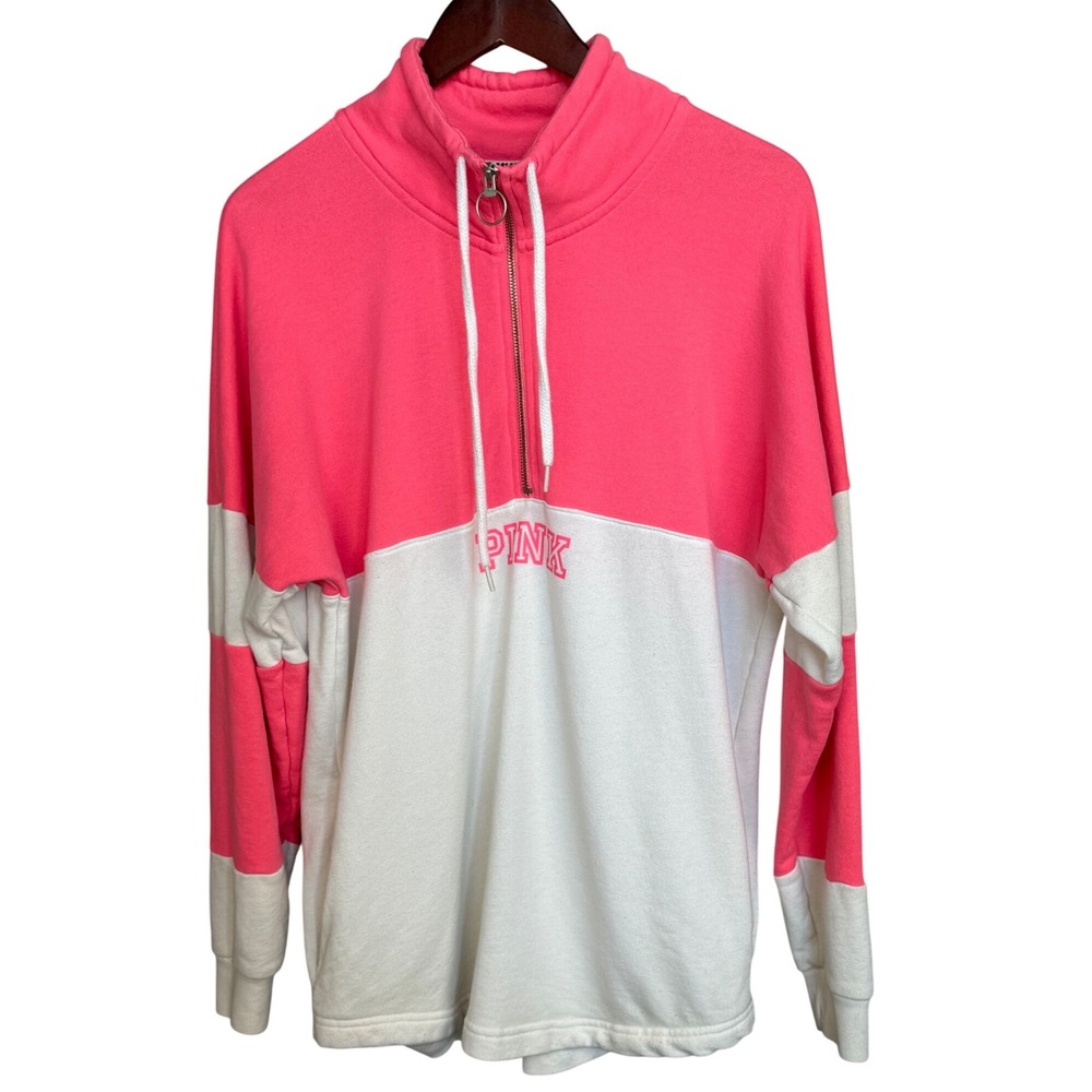 Victoria's Secret PINK Pullover Women Med Pink White Fleece Quarter Zip Striped